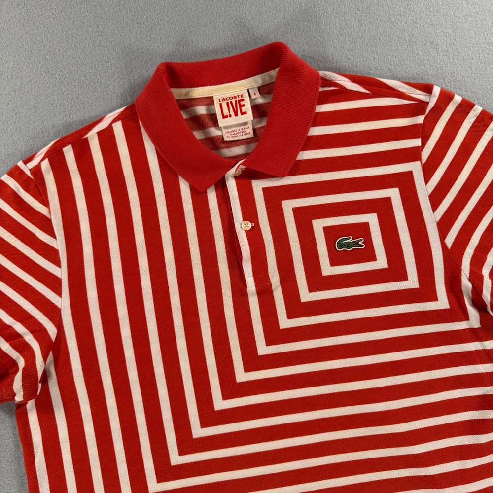 Lacoste L!VE Polo Shirt Geometric Striped Size 5 Red White PH4264-21 LQ7